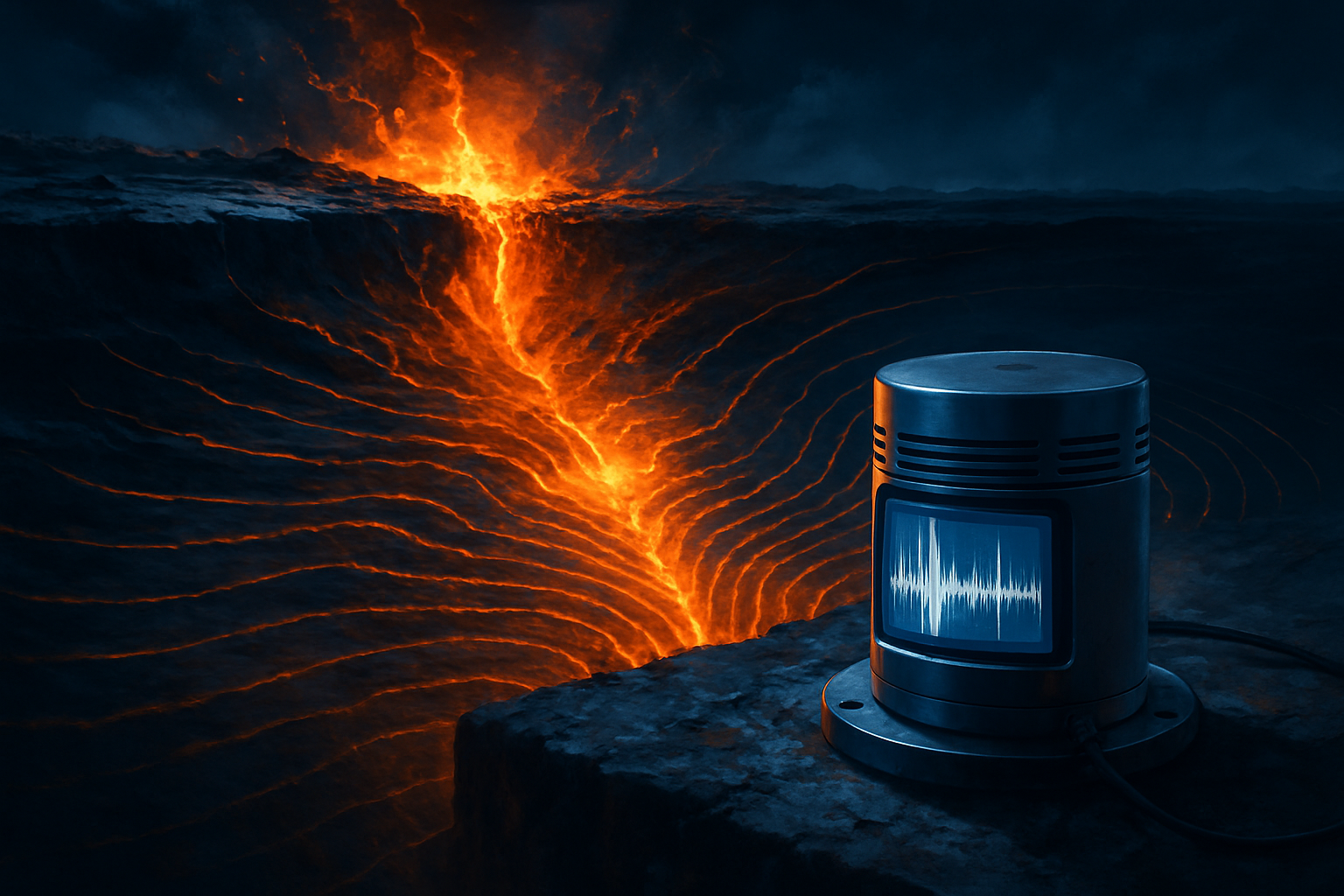 地震の揺れと計測技術を組み合わせた、ドラマチックでスタイリッシュな画像。地震波の伝播と、揺れを記録する計測震度計が描かれている。